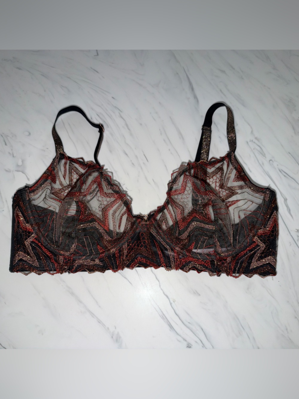 Savage X Fenty underwire lace sheer star floral Bra 36 D brown black